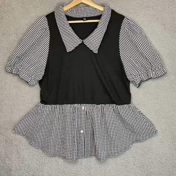 SHEIN Tops - Womens Academia Whimsigoth 4XL Black & White Gingham Plaid Stretch Top Blouse